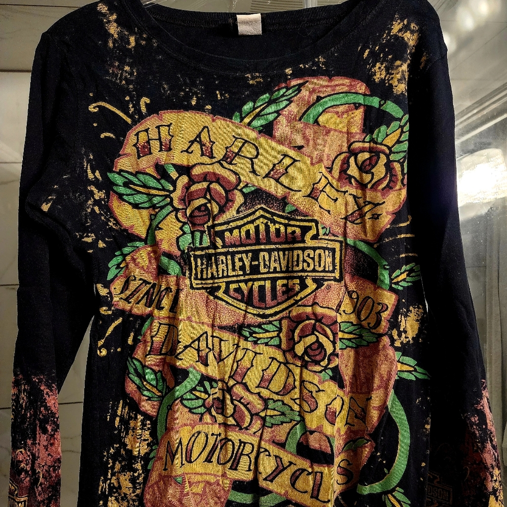 Harley Davidson RARE L/S  Bell,Blk Tie Dyed & Color Rose Tattoo, OHIO Sz XL '07